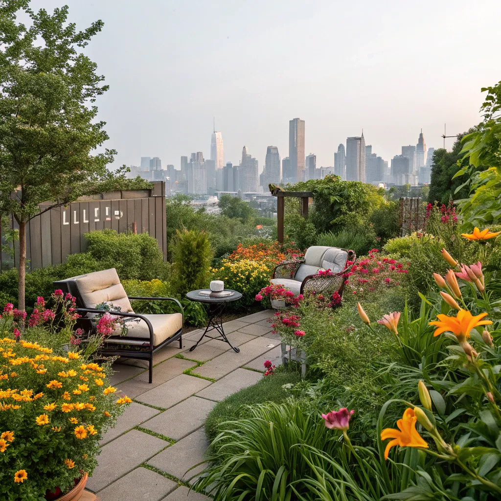 Lily's transformed urban garden with vibrant flora and seating area.