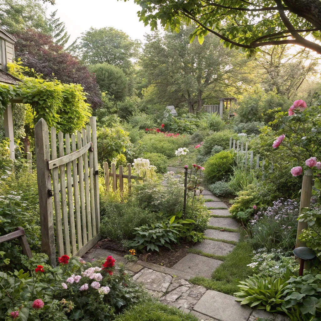 Sarah's suburban garden with diverse plant life and natural pathways.
