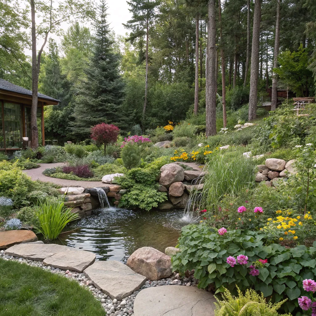 Tom's backyard transformed into a sustainable retreat with diverse plants and a water feature.